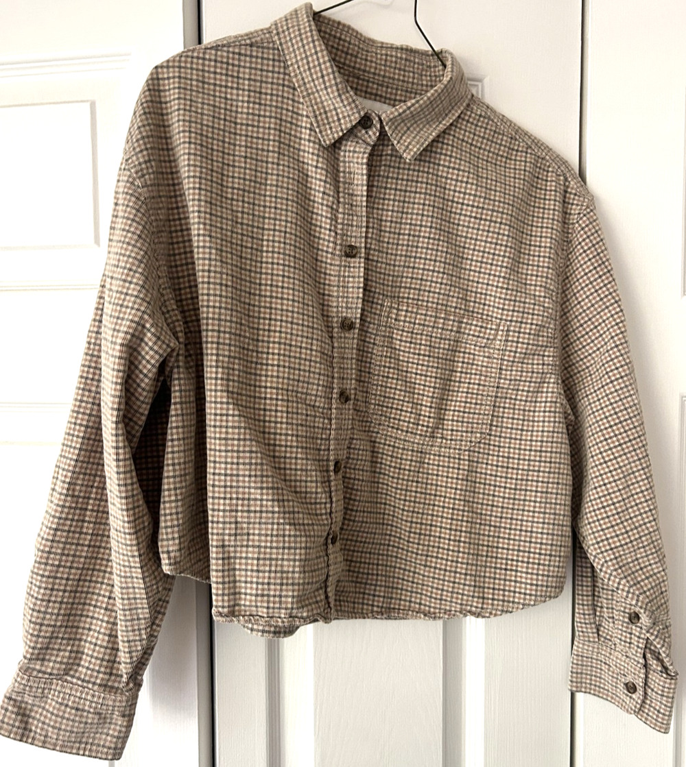 American Eagle Crop Corduroy Plaid Shirt M Brown Cotton Grunge Shacket Y2K 90s